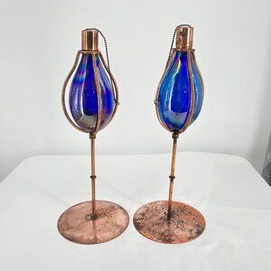 Pair Of Vintage Copper & Cobalt Blue‎ Glass Oil Lamps